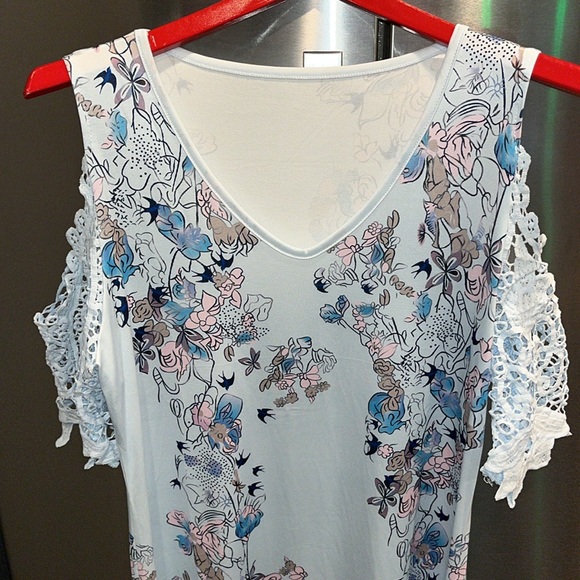 BLUE Japanese pink plants COLD open SHOULDER V neck coquette MAXI DRESS Asian M - Picture 4 of 16